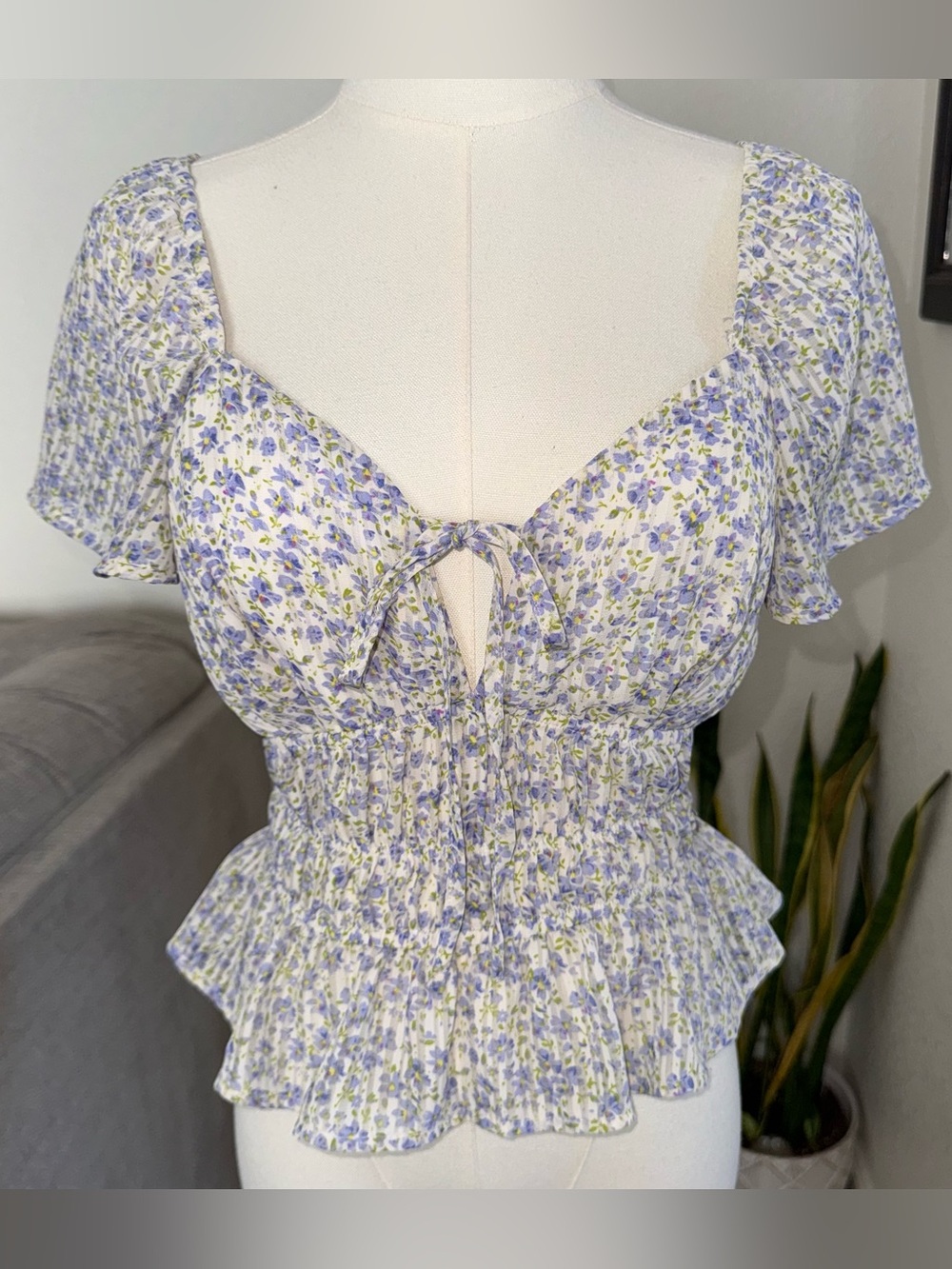 Cottagecore Blouse M Floral Peplum Blouse Medium Lavender Ditsy Print Top Boho